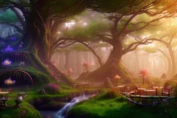 Immersive​ fantasy elven cafe in the deep forest with ancient tree blossom river 4k full hd