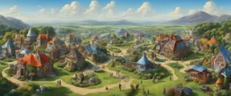 A busy surrealist market in a beautiful sunny countryside scene with distant hills & fields, many conjoining intricate characterful dwellings & a clock-house (designed by Esher & Dali) each with Solar Panels or small wind turbine on each roof. Many pathways & walkways, stairways & staircases, bridges, waterfalls & a waterwheel : ultra high detail, photorealistic, epic cinematic, 8K, Large depth of field