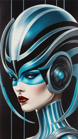 A vintage poster depicting an art deco style alien woman with blue skin, wearing futuristic helmet-like headwear and a thin silver band across her forehead, with vertical stripes of black, white, grey, and teal. The background is a dark brown with a gray gradient at the top, and she has closed eyes with visible eyelashes. Her lips have a subtle red lipstick on them. The poster is in the style of a retro futuristic sci-fi illustration. --ar 19:32 --v 5. 2 -