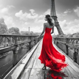 Side-shot profile of a beautiful Woman in a flowing red dress walking on a Parisian bridge over a stunning river with the Eifel tower in background, color splash, splash art, red color pop dress in a grayscale world, photorealism.