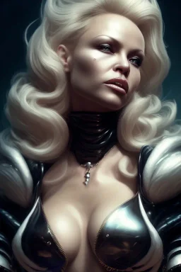 Pamela Anderson as evil queen in black leather, leather, busty, cleavage, angry, stern look. character design by cory loftis, fenghua zhong, ryohei hase, ismail inceoglu and ruan jia. unreal engine 5, artistic lighting, highly detailed, photorealistic, fantasy