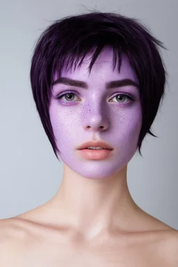 A young woman with lavender skin, purple eyes, dark purple hair in a pixie cut with pink freckles.
