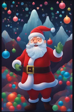 Christmas Themed -- Multicolored 3D Bubbles, multicolored, Floating 3D hearts with an electrical current, fog, clouds, somber, ghostly mountain peaks, a flowing river of volcanic Lava, fireflies, Christmas tres, a close-up, portrait of Santa Claus smiling a big bright happy smile, wearing his traditional Christmas uniform, in the art style of Boris Vallejo