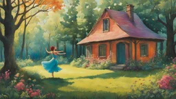 slim nymph dancing in a woodland clearing, with a woodland house behind her. vibrant colour