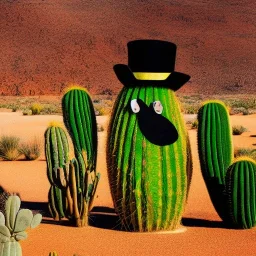 A giant, talking cactus wearing a top hat and monocle, standing in the middle of a desert oasis.