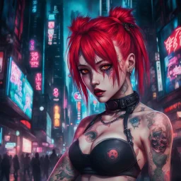 Darksynth,horror,Judy Alvarez,anime cyberpunk girl, eye shadows, arasuka, cyberpunk night city, piercing, gang tatto, red hair