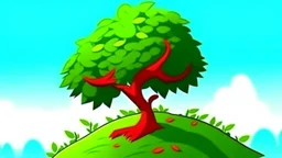 fantasy cartoon illustration: a shrub on a hill, there is a red ribbon on the shrub