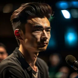 Christer Chao, young dark and handsome, with thick hairy eyebrows, directing a debate, photo-realistic, shot on Hasselblad h6d-400c, zeiss prime lens, bokeh like f/0.8, tilt-shift lens 8k, high detail, smooth render, down-light, unreal engine, downlight, prize winning