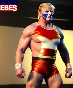 Realistic image of Donald trump wrestler, Mexican wrestling style, Mexican wrestling mask, eye line, red and blue breeches, glow us flag dress, suspenders, retro style, 80s, vibrant color, highly detailed, clean background, concept art, unreal engine 5, god rays, ray tracing, RTX, lumen lighting, ultra detail, volumetric lighting, 3d, finely drawn, high definition, high resolution.