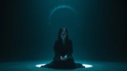 A solitary woman sitting alone in an endless void of darkness, pale skin, large hollow dark eyes with deep shadows underneath, wearing tattered black robes, empty expression, staring into nothingness. Only a faint circle of dim light surrounds her. Absolute loneliness, emotional emptiness, existential despair, abandonment, silence, vast darkness consuming everything beyond the light. No other people, no faces, in background a big monster eye, vibe surrealism, thriller atmosphere, cinematic