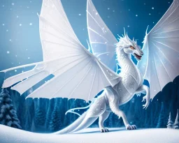 mdjrny-v4 style, a white dragon with fairy-like transparent glowing and sparkly wings standing in snow, full body, silver and teal background, glowing soft and smooth wings, realistic, highly detailed intricately detailed, shiny snowy background, soft studio lighting, trending on artstation, by artist "Julie Bell", by artist "Greg Rutkowski"