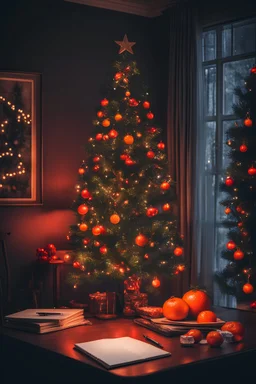 christmas tree with red lights in dark room, table with notebook and tangerines