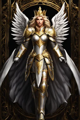 Beautiful Queen angel a mighty paladin stands tall, adorned in gleaming silver armor with intricate gold engravings. The armor is both regal and functional, providing protection while exuding an aura of righteousness. The paladin's face is stern, framed by a flowing mane of golden hair, and their eyes radiate a sense of unwavering determination. Clutched in one hand is a finely crafted pistol, its barrel adorned with sacred symbols. The pistol itself appears to be a blend of traditional craftsma