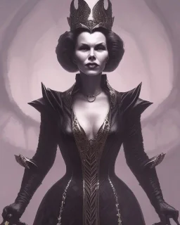 old evil queen in black leather gown, femme fatale, volouptous, busty, cleavage, angry, emperious, 8k resolution concept art portrait by Greg Rutkowski,