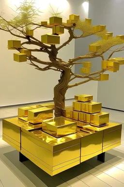golden rectangle table with 12 small boxes stacked in 2 piles that fit perfectly on top of the golden rectangle table table with 2 large holding branches the color of gold on each side of the rectangle table holding it
