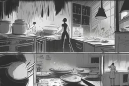 black and white storyboard, Peaple on foreground, between them in the middle we see cooks, scattered throughout the kitchen