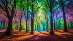 A fantastical forest where the trees are made of shimmering glass and their leaves resemble stained glass windows, casting colorful, kaleidoscopic shadows on the ground. Ethereal creatures with luminescent wings flit between the branches. Award-winning photograph, 80mm focal length, rule of thirds.