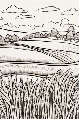 coloring page, field of wheat, cartoon style, thick lines, low detail, no shading