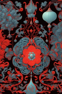 objects in James Jean illustration style, vibrant colors, red colors, intricate details, ethnic ornament, ethereal lighting, digital painting, 4k resolution, black background