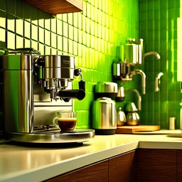 a High resolution hyper realistic octane render 4k photograph of a professional stainless steel with deeply grained wooden knobs and handle espresso machine with steam wand and with syrupy espresso extraction filling up a crystal clear round demitasse cup light steam rising on kitchen counter with vivid lime green glass mosaic tile wall dramatic morning light