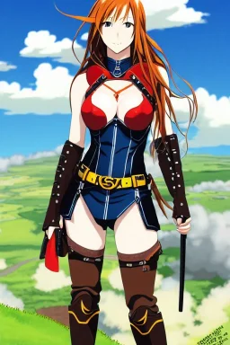 In the style of Hiromu Arakawa, concept illustration, super-detailed, beautiful teen female who is 16 years old with long ginger hair and freckles, full lips, full body, full face, b-cup breasts, athletic, centred camera, ignore NSFW, skimpy brown fantasy leather armor, halter top, micro thong, knee-high leather boots, open leather skirt, stern expression, cute pose with hands behind butt