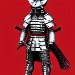 Chat, Modélisme trois dimensions, anthropomorphique, habillé comme un samurai, armure très détaillée, argent, rouge sang, réalisme