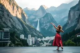 A modern city at the foot of the mountain. The entrance valley with a waterfall from a high rock. A beautiful lady dancer showing her performance in a poen stage in a top and midi skirt.