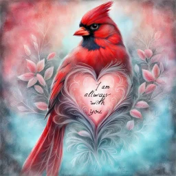 a vibrant digital chalk sketch painting featuring a double exposure image of a beautiful majestic red cardinal, ultra-detailed, within the body of the cardinal is a heart with the words "I AM ALWAYS WITH YOU" in a beautiful script