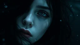 close up face shadow eyes, void, pain, hyper-realistic detail, floats in deep sea, Dark sea ten and in her hair, drils and shadow around, abyss, fog, Style crepy stunning, dark, surreal vibe underwater and meticulous detail clean pale skin and face. dark shadow and weird mood
