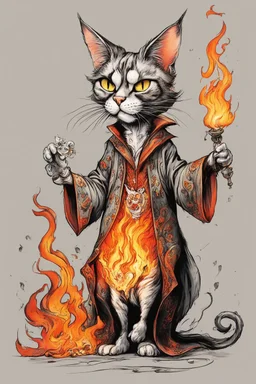 create an exaggerated full body caricature of an aged, malevolent, ornately dressed , 14th century sorceress cat wreathed in fire ,highly detailed with refined feline features in the cartoon caricature style of Gerald Scarfe and Ralph Steadman precisely drawn, boldly inked, vividly colored, 4k