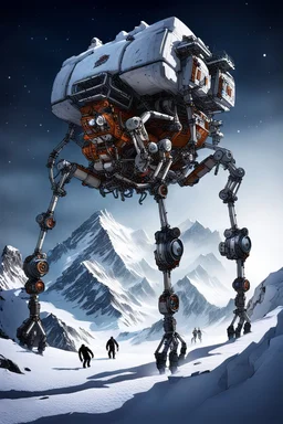 a mechanical walker with eight legs scaling a very steep snow covered side of mout everest at night, it has a smooth surface, it has storage pods on its belly human can fit in the pods