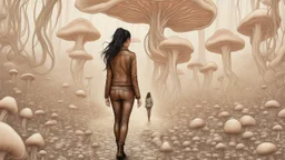 woman with black hair in a ponytail, in light brown leather trousers and jacket, walking through a forest of Alien mushrooms with jellyfish tentacles, photorealistic, Deep Colour, Intricate Detail