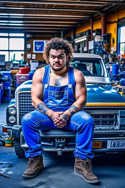 full figure shot photography of a short ugly hefty burly dirty chubby hairy angry man italian 26 years old, short curly hair, shirtless, tattoo, manly chest with bulging opened overalls, angry eyes, inside a mechanical workshop under the sun sitting on the hood of a car, open legs, photorealistic, ambient occlusion, side light , frontal view from the floor