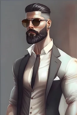 A man you may have in mind could be tall with a sturdy body structure and well-defined muscles, and he may have white skin. He could have short hair and a thick beard, with sharp and attractive facial features. It's possible that he wears formal clothes and decorates them with accessories like watches and sunglasses