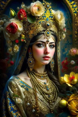 Beautiful facee Iranian Princess front wiev portrait, adorned with giant Jasmine, and lily flower ,roses , golden pearls , zafir gemstone headress, wearing floral, lace, pearls, zafirs ornate Iranian costume, organic bio spinal ribbed detail of Iranian style full jasmin and rose and persian garden background by the moonlight extremely detailed hyperrealistic maximalist portrait art 256K