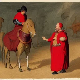 a man dressed in red on a black horse meets a dwarf on the road, medieval style