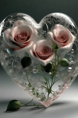 a large transparent heart with a beautiful tea rose with a print of small drops, outside the heart, close to the heart, a sprig of splendor myrtle, intricate work, 8k resolution