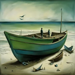 A man, beach, a green and blue boat, some pieces of wood, summer, creepy, odd, Yves Tanguy, surreal