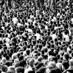 full colour man in black and white crowd,