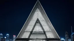 Skyscraper shaped like the letter 'A', with steel diagonal beams and a massive triangular atrium at its core, glowing at night.