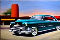 oil paint, 1950s, perfect perspective, night scene, a cadillac in front of a gas station pump, hyper realistic, hyper detailed, intricated, Frank Lloyd Wright,Oscar niemeyer