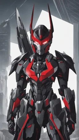 A close picture to Mix between machine and batman in transformers cyborg with black metal and red details armor in solo leveling shadow art style with red details detailsis in fantasy world