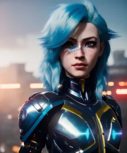 Cyborg anime warrior, light blue hair, yellow eyes, waist up portrait, 8k resolution, intricate details, ornate details, soft lighting, vibrant colors, retroanime, masterpiece, intricate eyeliner, dark eyeshadow, eyes, intricate tattoos, futuristic cityscape background