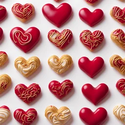 Heart-shaped sweets for Valentine's Day in red and gold on a white background