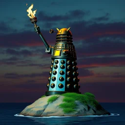 a Dalek standing on very small island raising it's appendage like the statue of liberty holding a torch