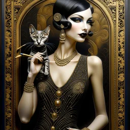 Mixed media, a tall beautiful woman with the head of a Siamese cat, wearing a black dress with pearls and long black gloves, she is holding a cigarette in a cigarette holder, background in the style of art deco Klimt, George Barbier, 3d, Bas relief, encaustic, gold leaf accents. Modifiers: highly detailed elegant dof fantasy portrait very attractive beautiful dynamic lighting 4K 3D crisp quality Unreal Engine very cute cinematic postprocessing pencil sketch Arthur Rackham Surrealism Gustave Kli