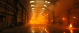 A cavernous industrial warehouse becomes a fever-dream carnival of fire and smoke, lit exclusively by erratic strobes and the orange glow of unpredictable blazes. The world is drenched in soot, haze, and manic energy — walls drip with condensation, fire extinguishers become absurd props, and every surface reflects the flicker of flames being born and killed in seconds. The visual journey spirals from controlled chaos to full unhinged delirium, with the camera lurching and spinning as if possesse