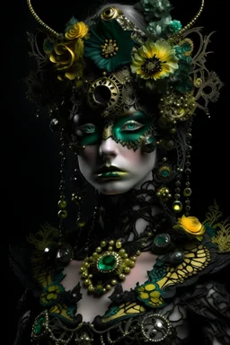 Beautiful faced young malachite ribbed face masque cyberpunk filigree decadent európean woman, adorned with decadent black a rose deco punk and black iris,hydrangea floral yellow opal, black onix, obsidian rombus shape rmineral stone ribbed headress wearing black lace ribbed with white opal stone mineral and embossed floral costume dress, golden and white and black colour gradient Dusty makeup filigree organic bio spinal ribbed detail of gothica decadent dark cyberpunk shamanism