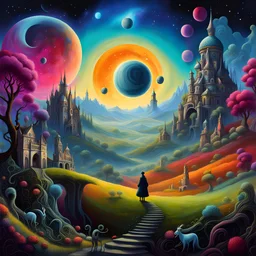 The Decline of Humanity, dystopian landscape, Tim Burton, anthropomorphic characters, surrealism, renaissance painting, concept art, colorful, cosmic, galactic, eldritch, mysterious, vibrant, whimsical, ethereal, rococo, digital painting, storybook illustration