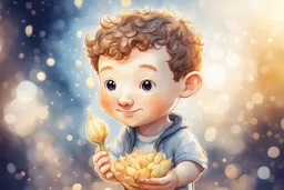 cute chibi mark zuckerberg with a big garlic in sunshine, watercolor and black in outlines, golden glitter, ethereal, cinematic postprocessing, bokeh, dof